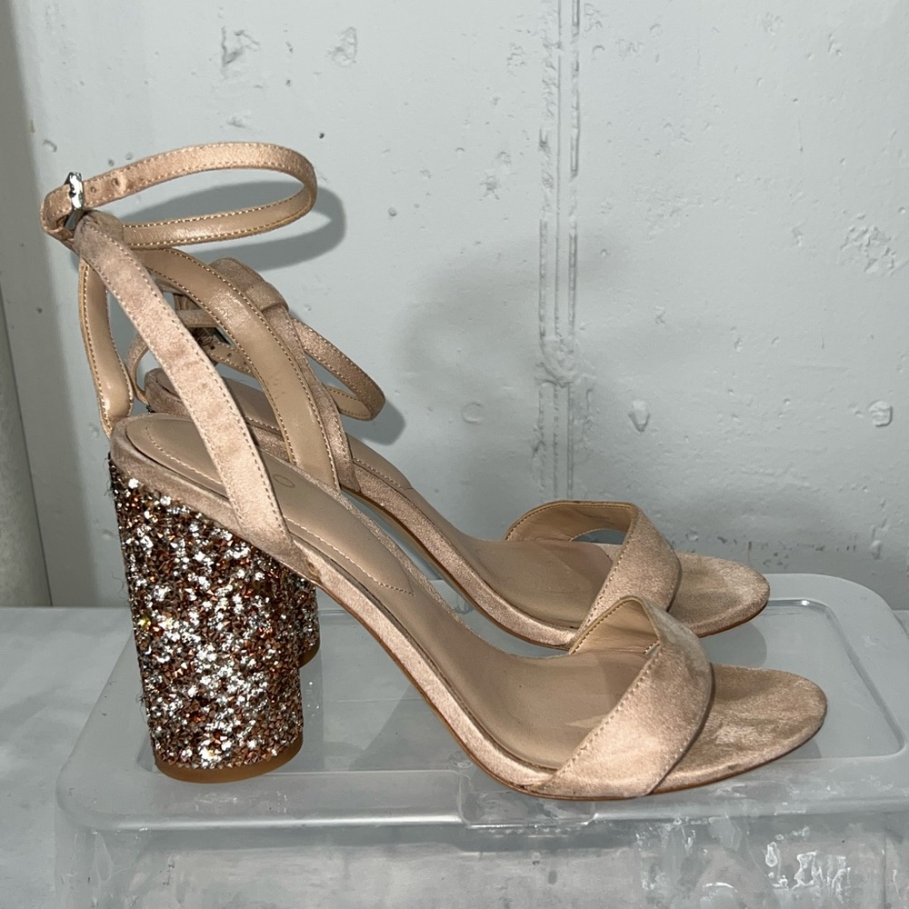 Aldo Women’s Block Heel One-Strap Strappy Sandals Rhinestone Rose Gold Beige 9